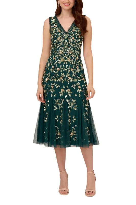 Adrianna Papell Ruffle Beaded Midi Mermaid Cocktail Dress