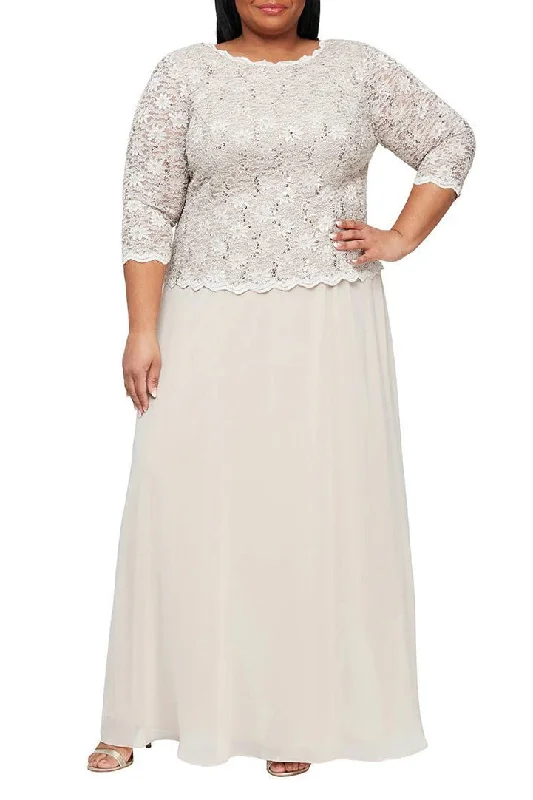 Alex Evening Crew Neck 3/4 Sleeve Popover Lace Top Chiffon Skirt Sequin Dress (Plus Size)