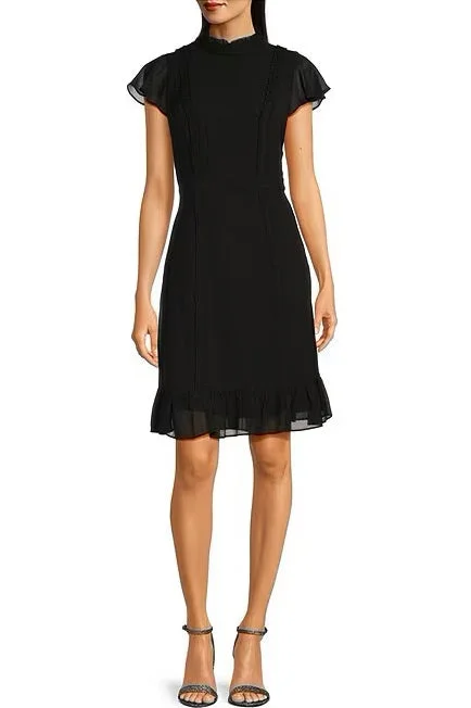 Adrianna Papell mock neck flutter cap sheath chiffon dress