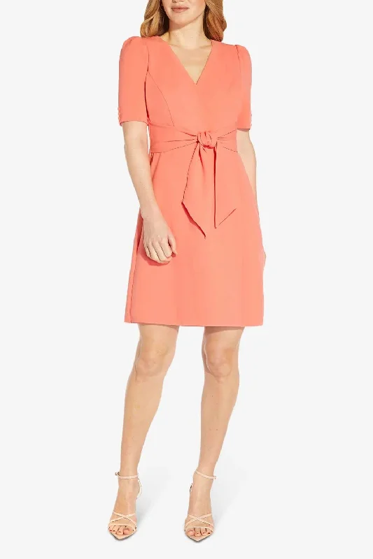 Adrianna Papell V-Neck Short Sleeves Back Zipper Tie Front Detail Short Crepe Dress