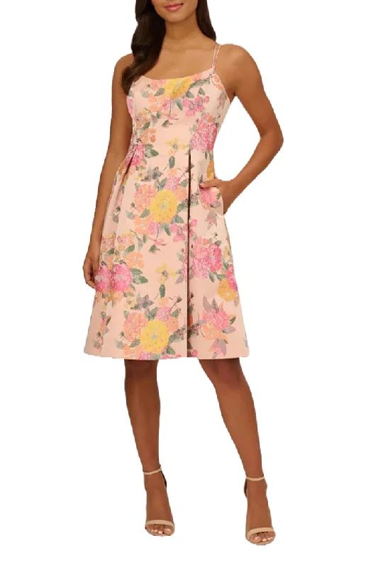 Adrianna Papell spaghetti strap zipper closure box pleat floral jacquard dress