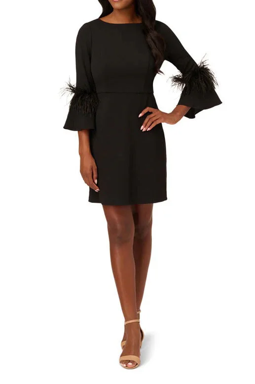 Adrianna Papell bateau neck feather trim sheath crepe dress