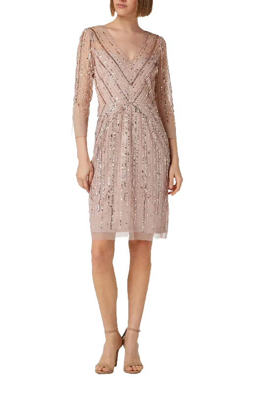 Adrianna Papell V-neck 3/4 sleeve sequined lace trim zipper back mesh dress