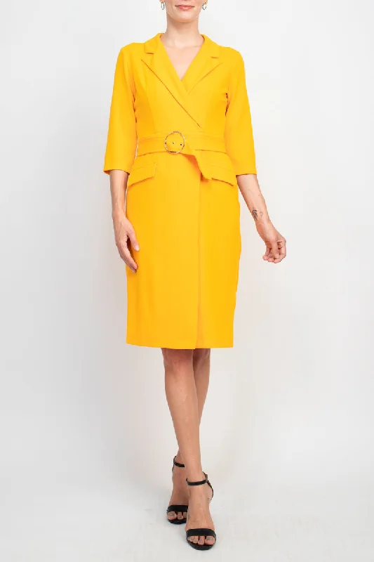 Sharagano notched collar 3/4 sleeve solid belted stretch crepe dress