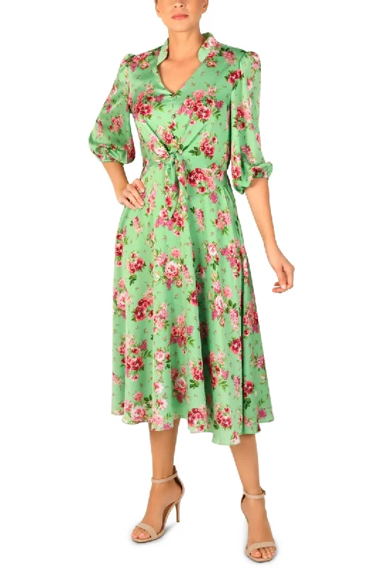 Julia Jordan Floral-Print Tie-Waist Midi Charmeuse Dress