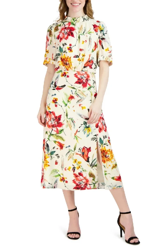 Julia Jordan Floral Mock Neck Linen Dress