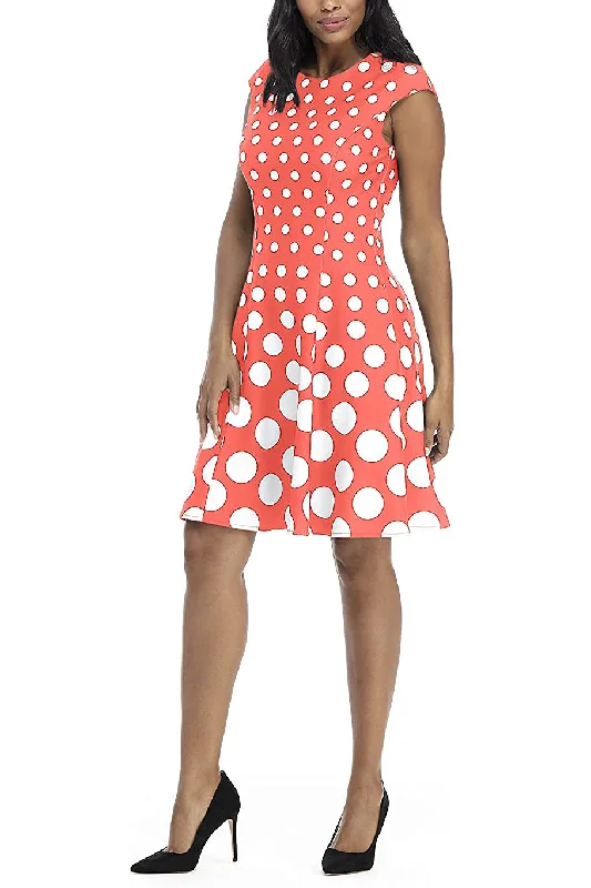 London Times Crew Neck Cap Sleeve Box Pleated Polka Dot Print Jersey Dress