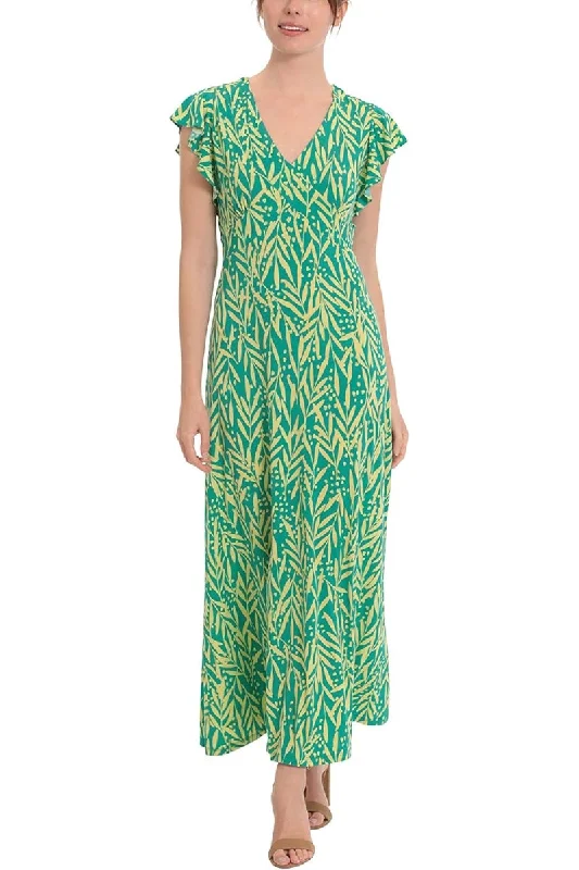 London Times Ruffled Short Sleeve V-Neck Printed Matte Jersey Maxi Dress