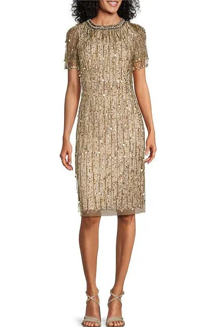 Aidan Mattox Beaded Sequin Crew Neck Short Sleeve Dress