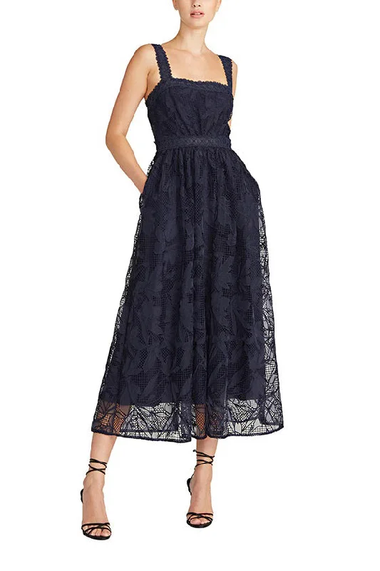 ML Monique Lhuillier Square Neck Sleeveless Ruched Embroidered Zipper Back A-Line Lace Dress