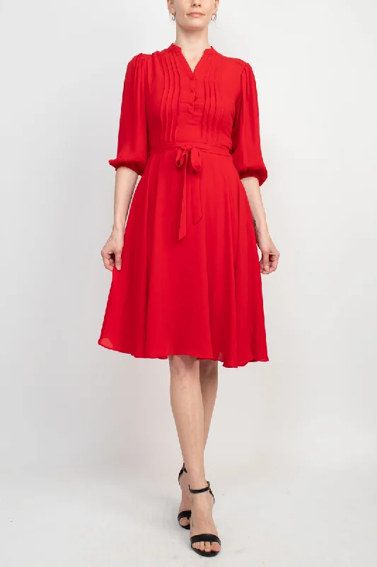 Nanette Lepore V-Neck 3/4 Sleeve Pleated Front Tie Waist A-Line Solid Crepe Dress