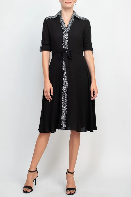 Nanette Lepore collared knit detail button down folded sleeve tie waist chiffon dress