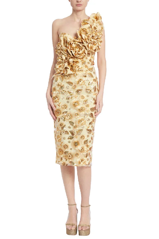 Badgley Mischka One-Shoulder Embellished Midi Dress