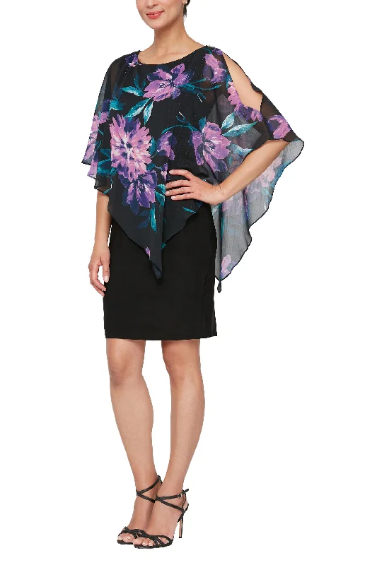 SL Fashion boat neck embellished shoulder asymmetrical multi print chiffon overlay jersey dress