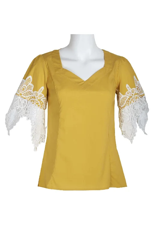 Why Dress V-Neck Short Lace Sleeve Zipper Back Cotton Top