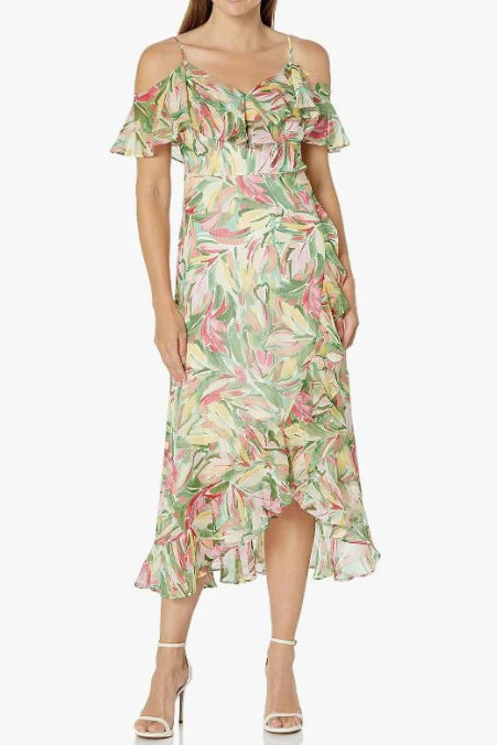 London Times Print Cold Shoulder Ruffle Maxi Dress