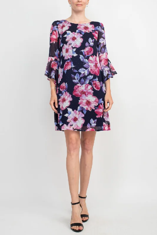 Connected Apparel Boat Neck Flounce Sleeve Zipper Back Floral Print Chiffon Dress