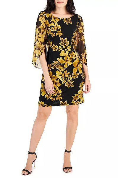 Connected Apparel boat neck slit 3/4 chiffon sleeve multi print matte jersey dress