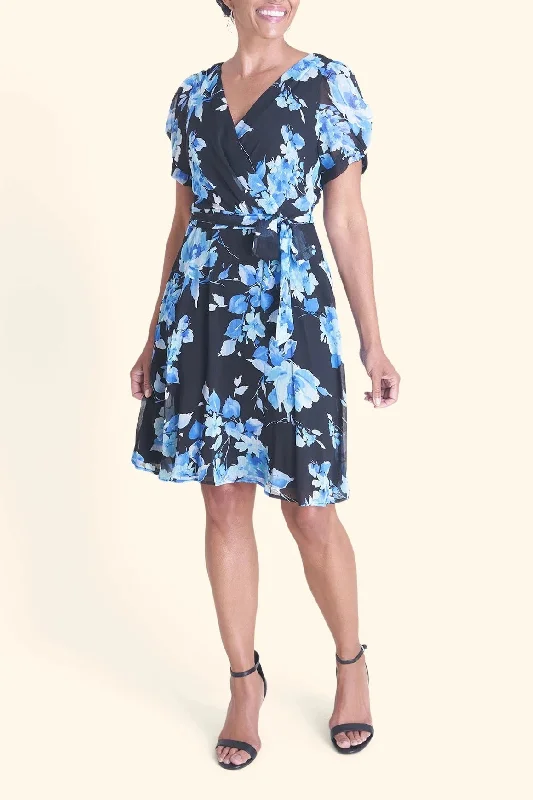 Connected Apparel V-Neck Short Sleeve Tie Waist Floral Print Chiffon Dress